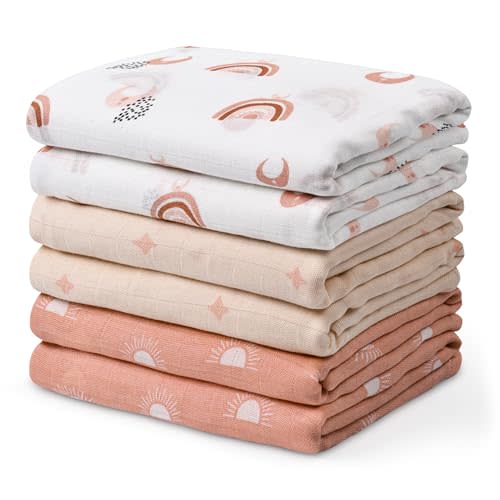 GLLQUEN BABY Receiving Blanket Boy Cotton Muslin Swaddle Blankets Girl Newborn Squares Breathable & Soft Thin Baby Blankets Cloths Double Absorbent Infant Swaddling Wrap - 6 Pack (Sun)