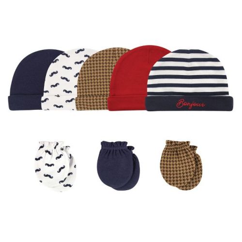 Hudson Baby Infant Boys Cotton Cap and Scratch Mitten 8pc Set, Bonjour, 0-6 Months