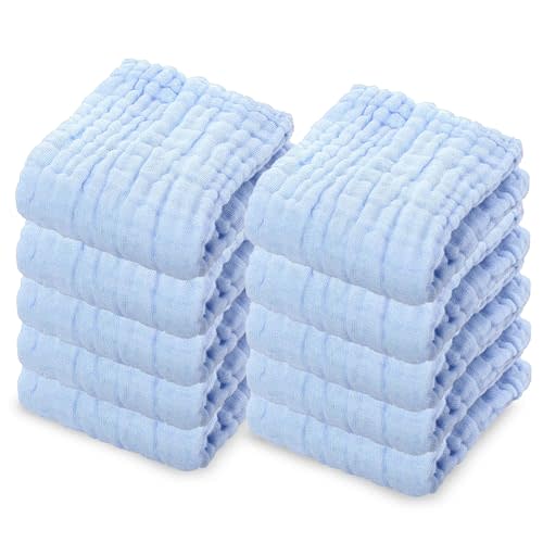 10 Pack Soft Muslin Unisex Baby Washcloths for Daily Use, 100% Cotton Set for Delicate Skin. Soft and Super Absorbent, Newborn Baby Essentials and Baby Registry,12x12 Inches (Blue)
