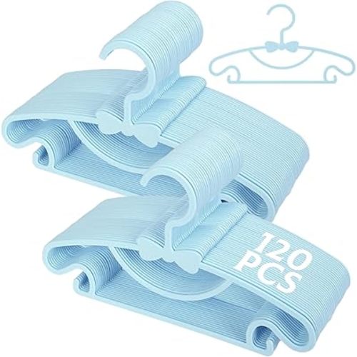 120 Pack Blue Baby Hangers Nursery Cute Plastic Hangers with Bow for Toddler Clothes Non-Slip Ultra Thin Small Coat and Pants Drying Hangers for Closet, Laundry and Daily Use