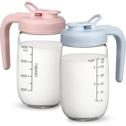 2 Pack Breast Milk Pitcher 32 OZ, Heat & Cold Resistant, Sudden Temperature Safe, Fast Baby Formula Maker with Wide Mouth, No Leak Glass Fridge Storage Container for Juice, Cold Brew-Blue, Pink