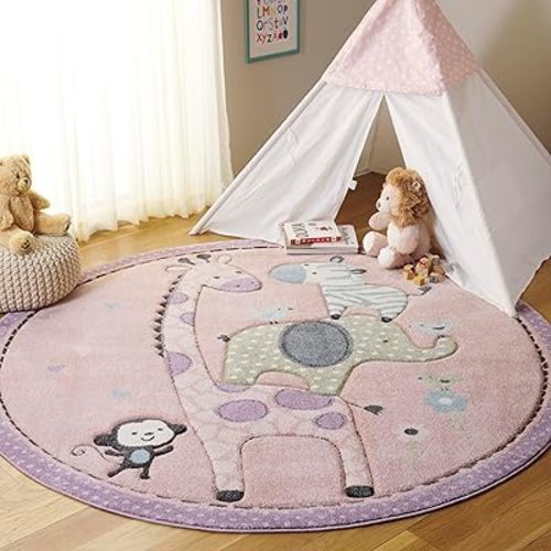 SAFAVIEH Carousel Kids Collection Area Rug - 6'7" Round, Blush Pink, Animal Design, Easy Care & Non-Shedding, Ideal for High Traffic Areas for Boys & Girls in Playroom, Nursery (CRK120U-7R)