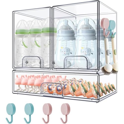 Baby Bottle Organizer with Hooks - 3 Pack Stackable Storage Drawer | Baby Organizers and Storage, Clear Acrylic Multipurpose Bottle Storage for Countertop