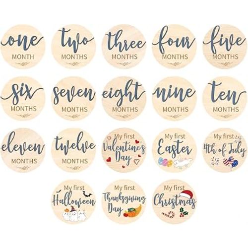 Capoda 18 Pcs Baby Monthly Milestone Cards My First Holiday Milestone Signs 1-12 Month Wooden Circles Announcement Discs for Boy Girl Photography Photo Props Baby Shower Gift Newborn Keepsake(Blue)