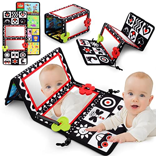 Oarifun Tummy Time Floor Mirror with Teethers, Double-Sided Baby Mirror Black and White High Contrast Baby Toys for Babies, Baby Montessori Toys Crawling Developmental Newborn Infant Sensory Toys