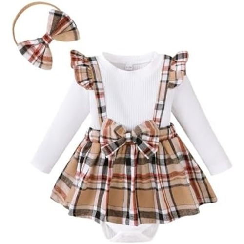 Baby Girl Clothes Sets: 2 Piece Long Sleeve Top Plaid Romper with Headband Fall Winter Outfit for Infant 0-24 Months