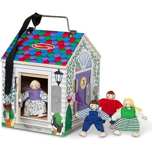 Melissa & Doug Take-Along Wooden Doorbell Dollhouse - Doorbell Sounds, Keys, 4 Poseable Wooden Dolls Portable Doll House, Doorbell House for Kids Ages 3+