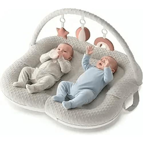 Twins Baby Play Mats for Floor Activity Gym - 5-in-1 Support Cushion Baby Play Mat Tummy Time Mat for Supervised Bonding with Arch, Plush Toys, Flashcards & Developmental Book - Grey