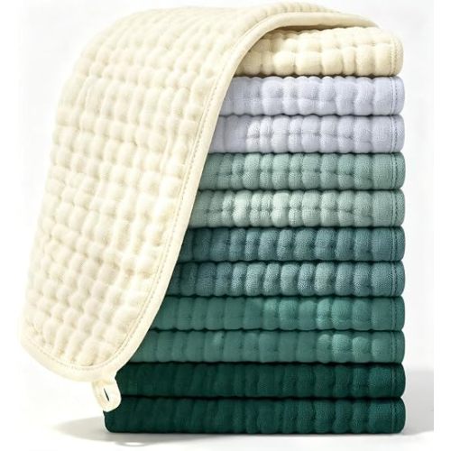 Ease Cubs 12 Pack Muslin Burp Cloths Large 100% Cotton Hand Washcloths, Baby Essentials Absorbent and Soft Burping Rags for Newborn Registry, 20" X10", Ivory, Slate and Emerald Series
