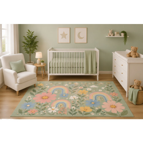 Bungalow Rose 5' x 7' Pastel Rainbow Floral Area Rug for Nursery Room, Botanical Wildflower Garden Design, Baby Bedroom Playroom Decor, Non-Slip Silicone Backing Low Pile | Wayfair
