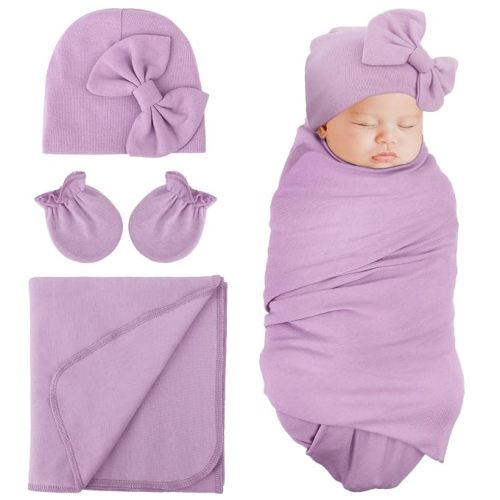 DRESHOW BQUBO Newborn Receiving Blanket Bow Hat Gloves Set Cotton Warm Baby Swaddle Blanket Wrap Baby Sleep Sack Shower Gift