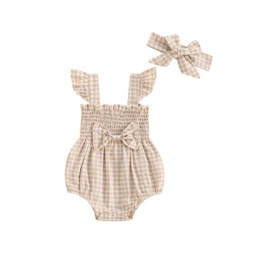 Newborn Baby Girl Summer Clothes Fly Sleeve Plaid Print Ruffle Jumpsuit with Headband 2Pcs Cute Outfit Set