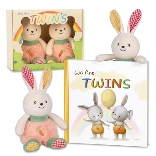 Twin Baby Gifts 3-Piece Set – Rhyming Storybook + 2 Plush Rabbit Rattles, Newborn Essentials for Boy and Girl, Soft Crinkle Sensory Toy, Baby Shower Gift Box