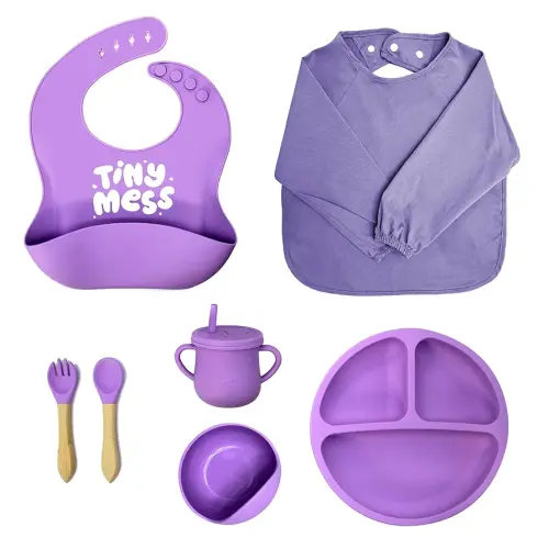 8-Piece Silicone Baby Feeding Set: 360° Spill-Proof Cup, Disaster-Proof Bib, Suction Plate & Bowl, Baby Dish, Easy to Clean, BPA Free - Weaning Essential - Suitable for 6 Months+ (Violet)