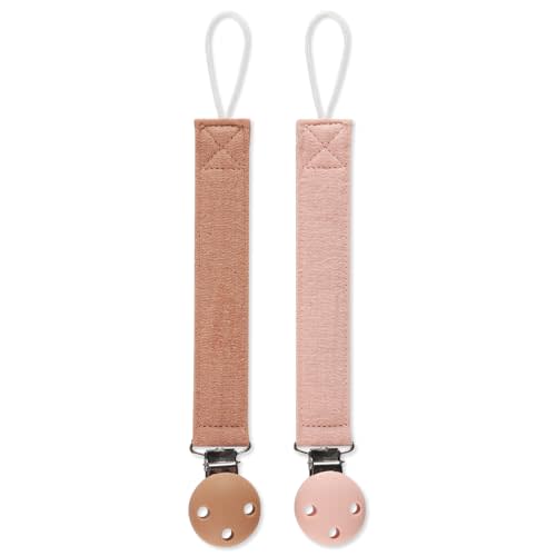Pacifier Clip Holder for Baby Boy and Girl, Soft Pure Cotton Fabric Paci Binky Clips Fits for Most Pacifier Teethers & Small Toys in Place (Caramel+Dark Pink)