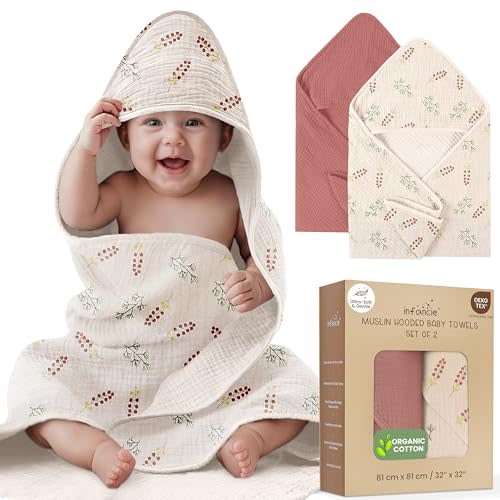 infancie Organic Cotton Muslin Baby Hooded Towels - 32x32 Inch, 2 Pack Newborn Bath Towels for Boys & Girls, Soft & Absorbent Bath Set (Pink/Floral)