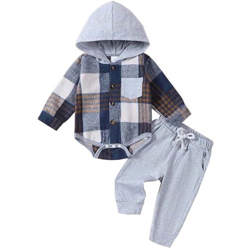 WIBACKER Newborn Infant Baby Boy Fall Winter Outfits Plaid Hoodie Romper Pants Toddler Boy Clothes Set