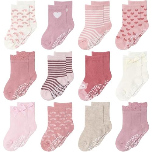 The Peanutshell Organic Baby Girl Socks 0-24 Months Set of 12 - Non-Slip Grip, 100% Cotton Newborn & Toddler Socks - Blush