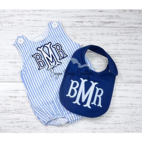 Monogrammed Seersucker Baby Boy Bubble, Embroidered Newborn Outfit