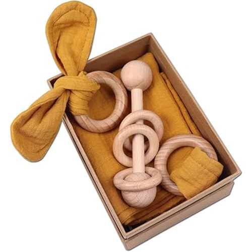 Baby Lovey, Wood Rattle, 3 Pack Montessori Gift, Ginger, 100% Cotton, Double Gauze, Baby Girl Shower Gift