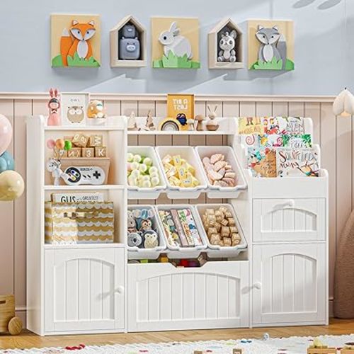 Vabches Toy Storage Organizer, Kids Shelf with 6 Toy Bins & Movable Drawer, Multi-Functional Kids Bookshelf 4-Tier Book Rack & 2 Storage Cabinets, White