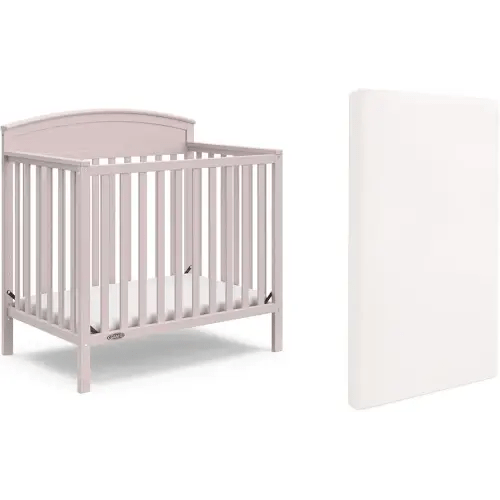 Graco Benton 4-in-1 Convertible Mini Crib with Bonus Crib Mattress (Blush) – GREENGUARD Gold Certified, 2.75-Inch Mattress Included, Baby Crib Converts to Twin Bed, Ideal for Small Spaces