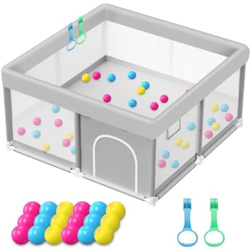 Baby Playpen with Balls and Pull Rings, 50x50 Inch Playpen for Babies and Toddlers Baby Playpen Fence Playard Activity Center, Without MAT Included