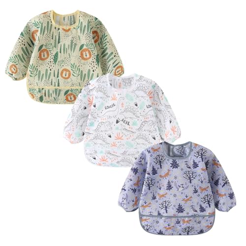 ElecMotive 3 Pack Long Sleeve Bib,Baby Smock for Eating 6-30 Months Reusable Shirt Bibs for Babies Toddler