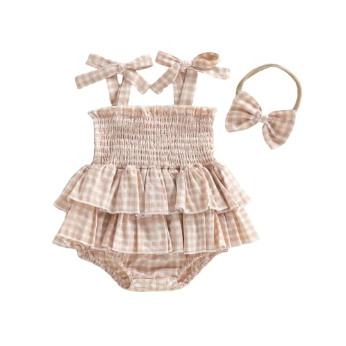 Baby Girl Newborn Summer Outfit Cute Ruffle Romper Dress One-piece Jumpsuit Sleeveless Plaid Solid Dress Clothes