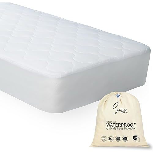 SavaKids 100% Natural Cotton Waterproof Crib Mattress Protector Sheet - Breathable, Fitted Pad for Babies & Toddlers, Ultra Soft & Noiseless (White)