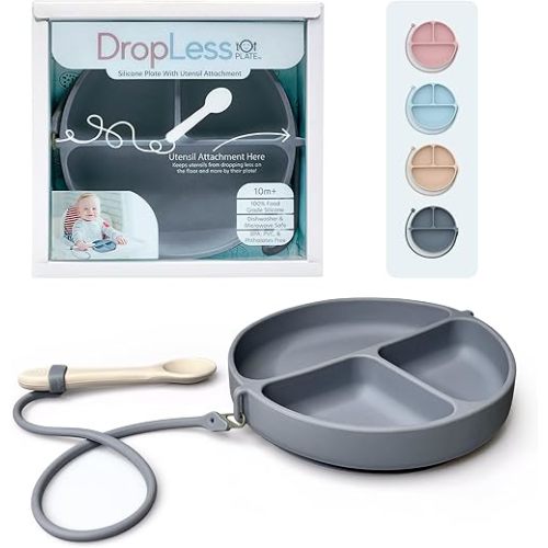 DropLess Plate – Silicone Baby Plate with Suction & Utensil Tether | No More Dropped Spoons or Forks | Toddler Suction Plate | BPA-Free | Microwave & Dishwasher Safe | 100% Food Grade | Gray
