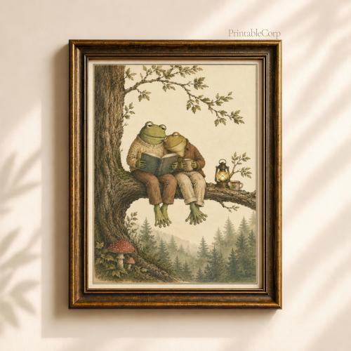 Classic Frog and Toad Digital Print, Whimsical Storybook Illustration, Vintage Reading Nook Wall Art, Cozy Nursery Decor, Cute Cottagecore