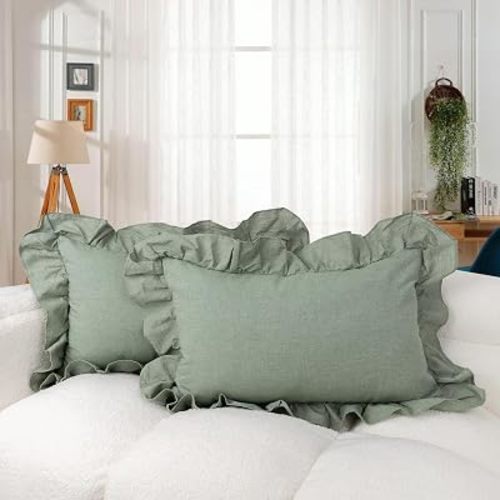 JoraLion Ruffled Throw Pillow Cover 12x20 Solid Green
