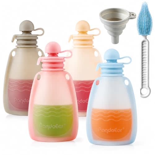 PandaEar Reusable Silicone Baby Food Pouches, 4 Pack Squeeze Pouches for Toddler Kids, BPA-Free Silicone Refillable Baby Food Storage, 5 oz