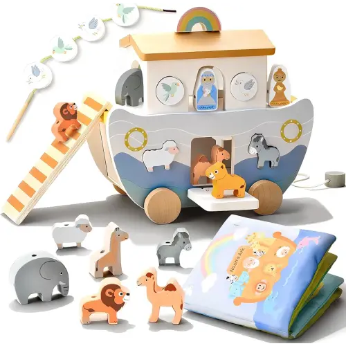 Wooden Noah's Ark Pull Along Toy with Bible Story Cloth Book - Montessori Sorting Set for Toddlers - Religious Baptism Gift for Boys & Girls -Christian Preschool Learning Toy for Kids