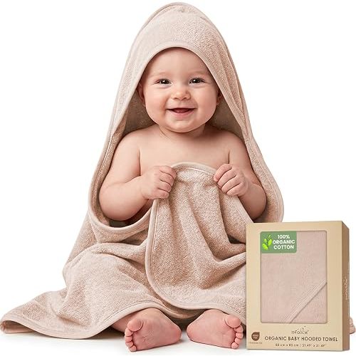 infancie 100% Organic Cotton Plush Woven Hooded Baby Bath Towels - Soft and Absorbent 31x31 Inches for Newborns and Kids, Baby Bath & Hooded Towels, Premium Infant Towels (Sand)
