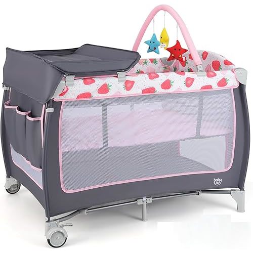 BABY JOY 4 in 1 Pack and Play, Portable Baby Playard with Bassinet, Side Zipper Door, Changing Table, Indoor Outdoor Travel Nursery Center w/Hanging Bar, Lockable Wheels, Carry Bag