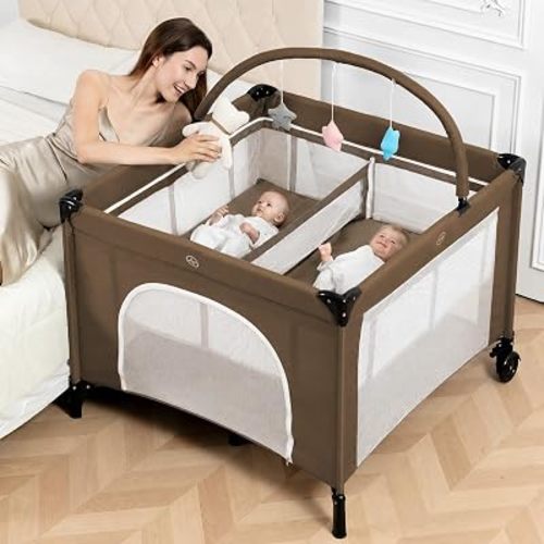 Twin Bassinet with Hanging Toys & Storage Basket, Coffee