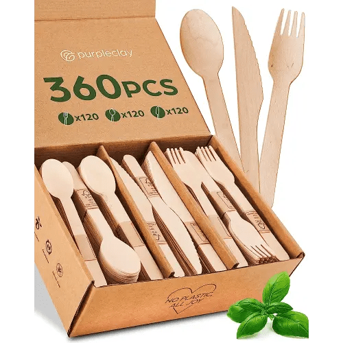 Wooden Compostable Utensils Set - 360 Pieces (120 Forks 120 Spoons 120 Knives) Sturdy Wood Disposable Cutlery - Eco-Friendly Biodegradable Utensils for Party - Free From Plastic Cutlery Set for Eating