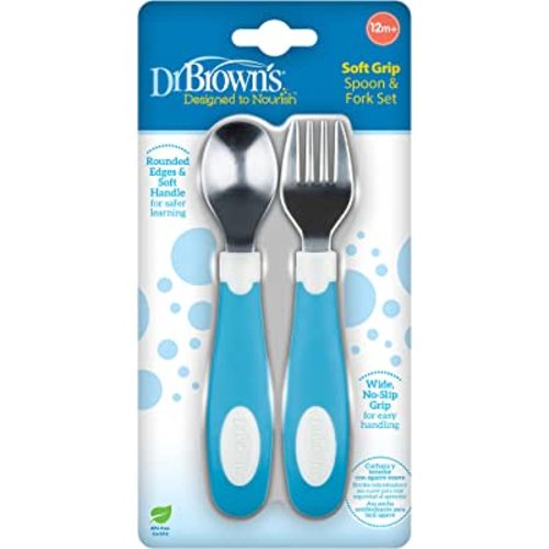 Dr. Brown's Soft-Grip Spoon and Fork Utensil Set, Safe Silverware for Toddlers, Blue, 12m+ – 2-pack