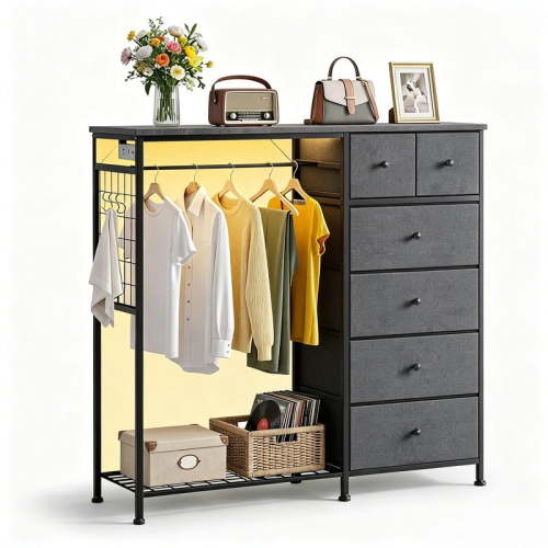 Simenmax 6-Drawer Storage Closet with LED Lights & Charging Station, 49.2" Wide Wooden Wardrobe Rack with Fabric Bins,Portable Clothing Organizer for Bedroom, Entryway, Gray
