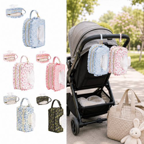 2-in-1 Double-Layer Wipe Holder Quilted Wipes Bag, Quilted Diaper Wipe Pouch with Two Compartments, Floral Wipes Bag with Stroller Strap for Portable Storage and Essentials, C