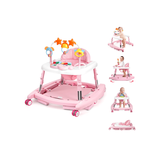 5‑In‑1 Foldable Baby Walker, Music & Lights Activity Center, Adjustable Height, Wheels & Bouncer, Portable Toddler Walker for 6‑18 Months, Pink