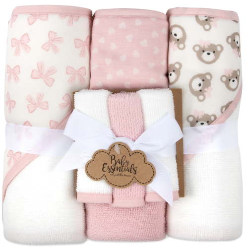 Baby Essentials 6 Piece Hooded Bath Towel Washcloth Set for Infant, Newborns, Toddlers 3 – 24 Months for Bath Time, Showers, Lounge, Beach, Pool in Pink Bows & Teddy Bears