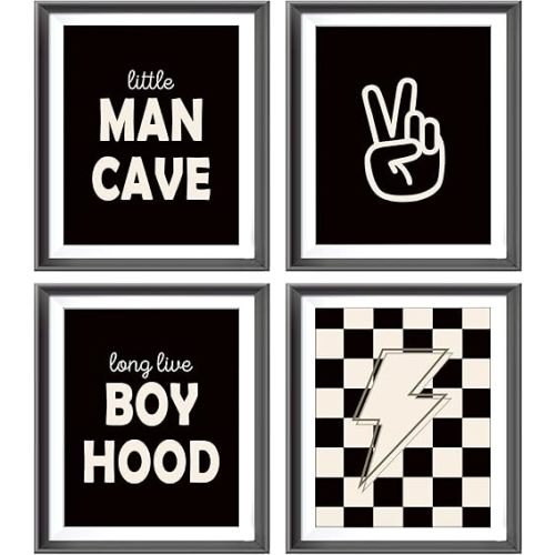 Little Man Cave Retro Preppy Checkered Lightning Peace Sign Long Live Boyhood Poster Prints for Boy Teen Room Dorm Decor,Preppy Decorations Prints Wall Art Unframed 4pcs 8x10inches,Teen Boys Gifts
