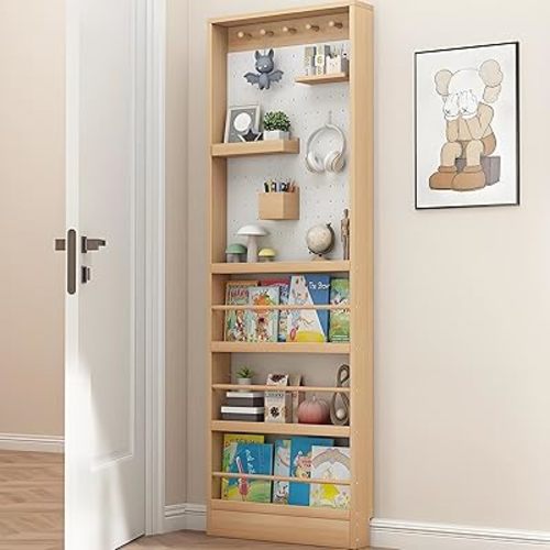 70.1" Tall Behind The Door Bookshelf,Wooden Behind The Door Book Organizer,Large Capacity Ultra Slim (3.94"), Modern Bookshelf with Perforated Board for Toys, Books, Cds, Magazines