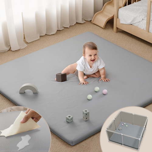Baby Play Mat, Caveen Vegan Leather Baby Floor Mat Playpen Mat, Thicken Soft Crawling Mat for Infant, Wipe-Clean, 50"x 50", Gray