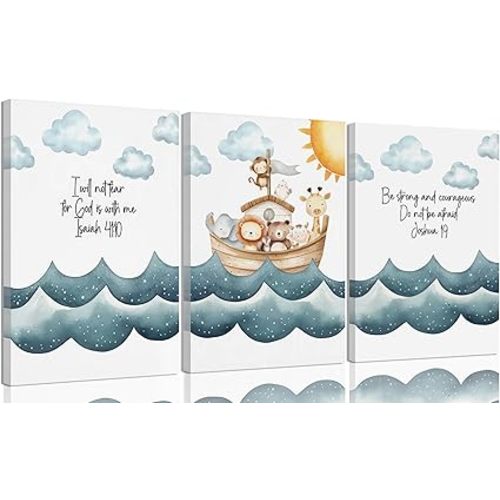 3Pcs Children's Bible Verse Wall Art Noahs Ark Nursery Painting picture Christian Inspirational Wall Decor Religious Educational Posters Prints for Kids Bedroom Classroom Home Decoration 12x16in