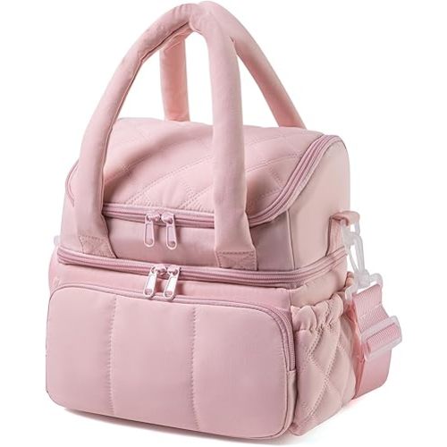 Lunch Bags for Women, Quilted Thermal Lunch Box, Cute Lightweight Puffy Padded Waterproof Lunch Tote, Large Reusable Lunch Cooler for Work Picnic Travel Meal Prep,Pink