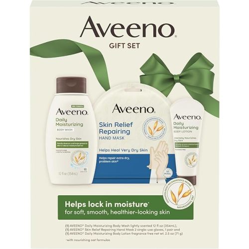 Aveeno Daily Moisture Gift Set, Skincare Set for Dry Skin with Nourishing Body Lotion, Moisturizing Body Wash, & Skin Relief Hand Mask, Formulated with Prebiotic Oat, Paraben-Free, 3 Items